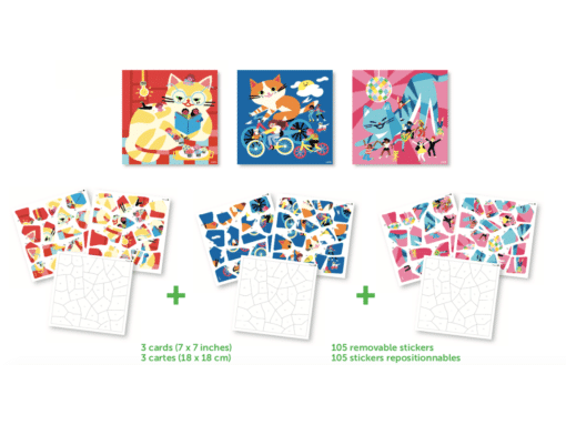 Kreatív, fejle-sztő 3 db illusztrált kártya, 105 puzzle matricával - Cicák | Poppik miniart matricás posztet