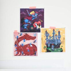 Kreatív, fejlesztő 3 db illusztrált kártya, 105 puzzle matricával - Lovagok és sárkányok | Poppik miniart