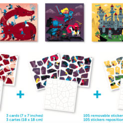 Kreatív, fejlesztő 3 db illusztrált kártya, 105 puzzle matricával - Lovagok és sárkányok | Poppik miniart