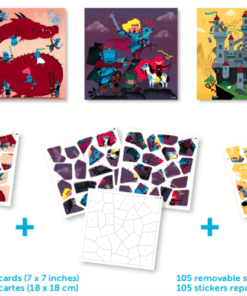 Kreatív, fejlesztő 3 db illusztrált kártya, 105 puzzle matricával - Lovagok és sárkányok | Poppik miniart