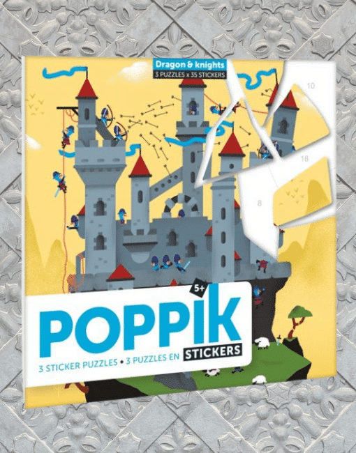 Kreatív, fejlesztő 3 db illusztrált kártya, 105 puzzle matricával - Lovagok és sárkányok | Poppik miniart