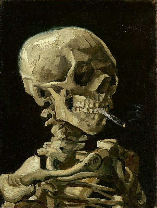 Egy csontváz feje égő cigarettával