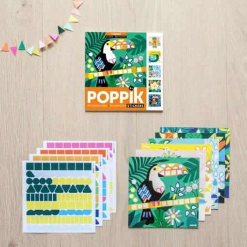 Kreatív, fejlesztő 6 db illusztrált kártya, 360 matricával – Trópus | Poppik