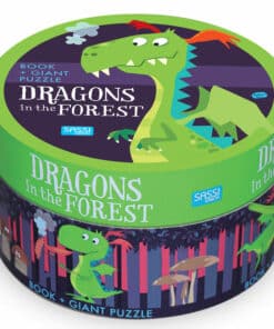 Fejlesztő játék kerek dobozban – padló puzzle és könyv, sárkányok az erdőben | Sassi