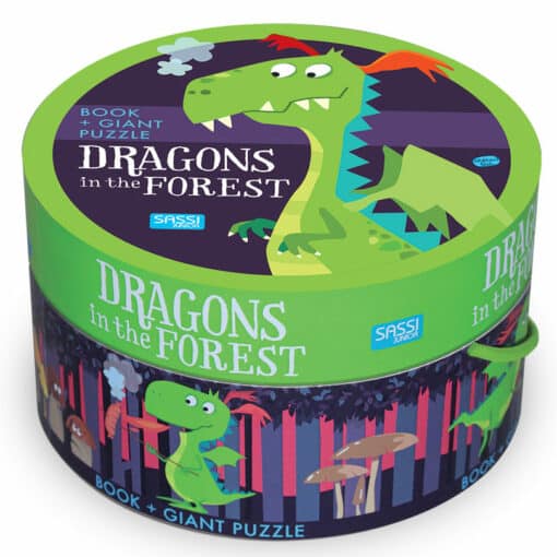 Fejlesztő játék kerek dobozban – padló puzzle és könyv, sárkányok az erdőben | Sassi