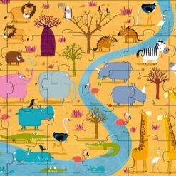 Fejlesztő játék kerek dobozban – padló puzzle és könyv, Afrika állatai | Sassi