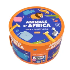 Fejlesztő játék kerek dobozban – padló puzzle és könyv, Afrika állatai | Sassi