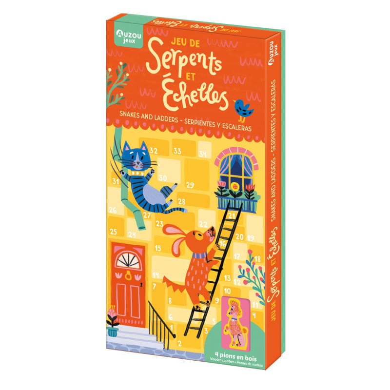 Auzou5603-klasszikus.tarsasjatek-kigyok-es-letrak-miniart Kígyók és létrák társasjáték fa bábukkal, kétoldalas Auzou