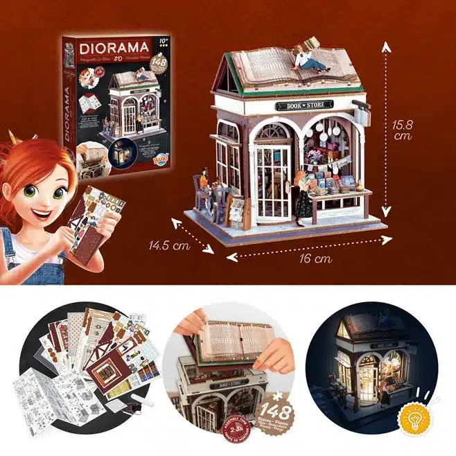 Diorama-3D-puzzle-Konyvesbolt-BUKI-miniart Dioráma 3D puzzle, Könyvesbolt BUKI
